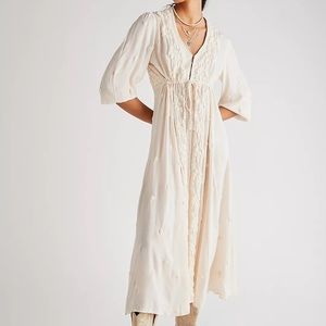 Free People Embroidered Fable Midi Dress in Antique Peach